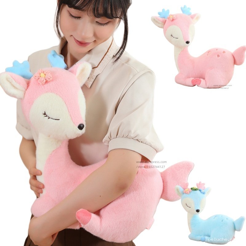 Peluche Cerf Biche Rose & Bleu - Doudou Doux et Adorable