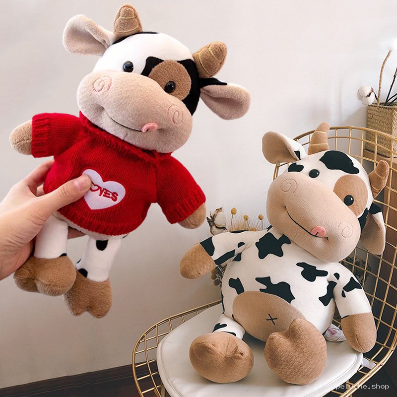 Adorable Peluche Vache Noire et Blanche avec Pull Rouge
