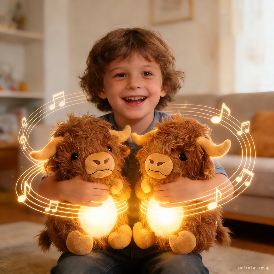 Peluche Vache Écossaise Lumineuse et Musicale pour Enfant