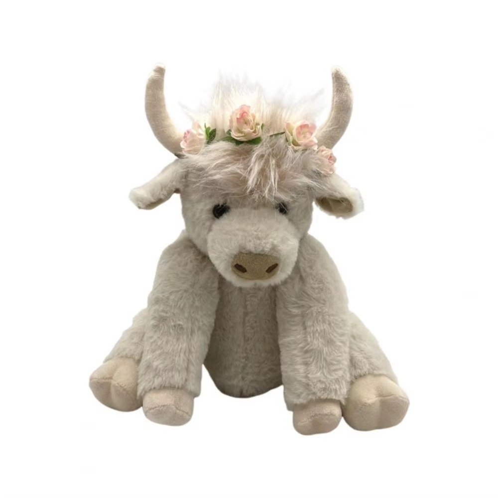 Peluche Vache Highland Blanche avec Couronne Fleurs - Douceur