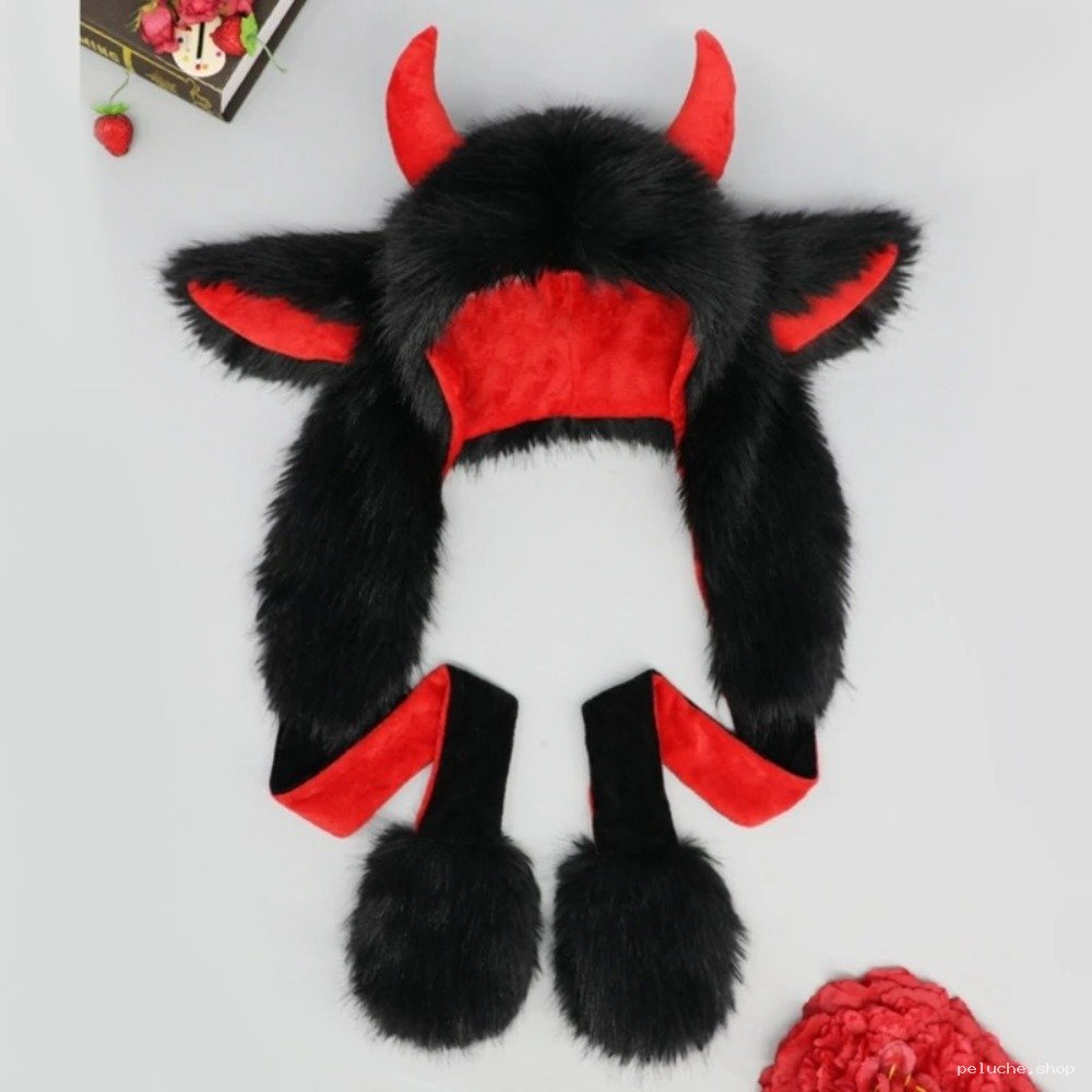 Bonnet Cornes de Diable en Fausse Fourrure Noir et Rouge