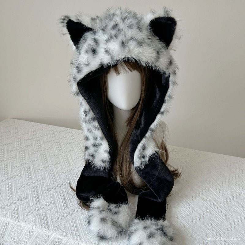 Chapka Léopard des Neiges Douce | Bonnet Écharpe Moufles Hiver