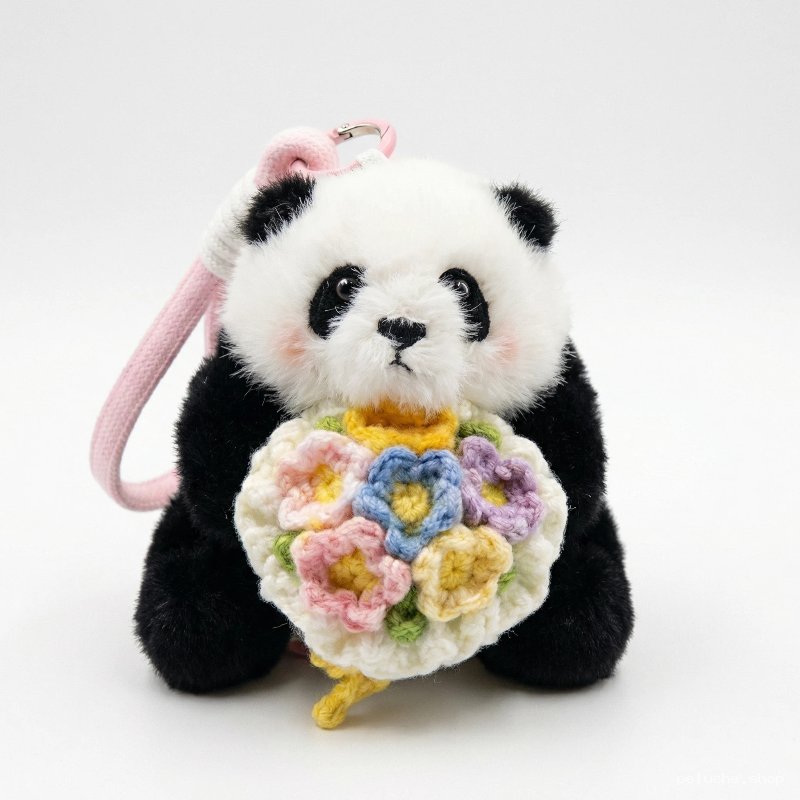 Porte-clés Panda Mignon avec Fleurs Crochet, Douce Peluche