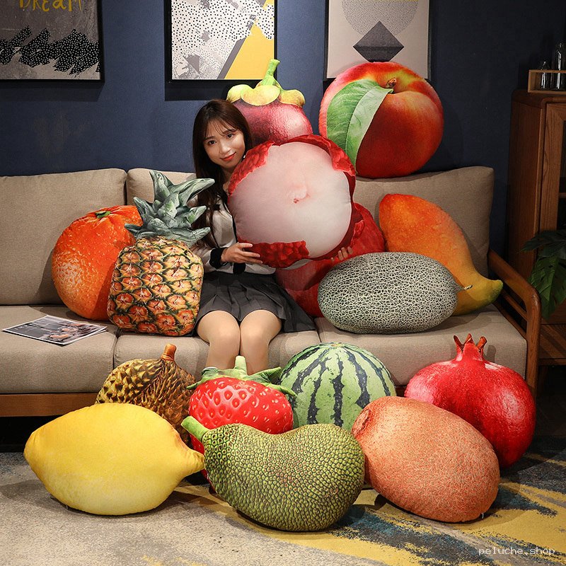 Coussins Peluches Fruits Géants - Déco Originale & Confort