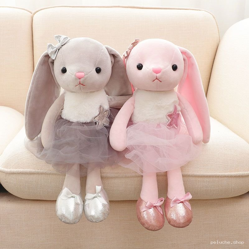 Peluche Lapin Ballerine Rose et Gris - Douceur et Élégance
