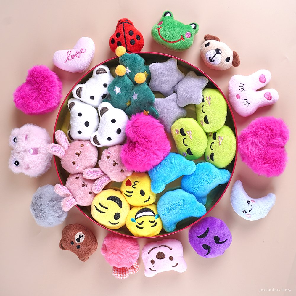 Collection de mini peluches adorables : animaux, cœurs, emojis