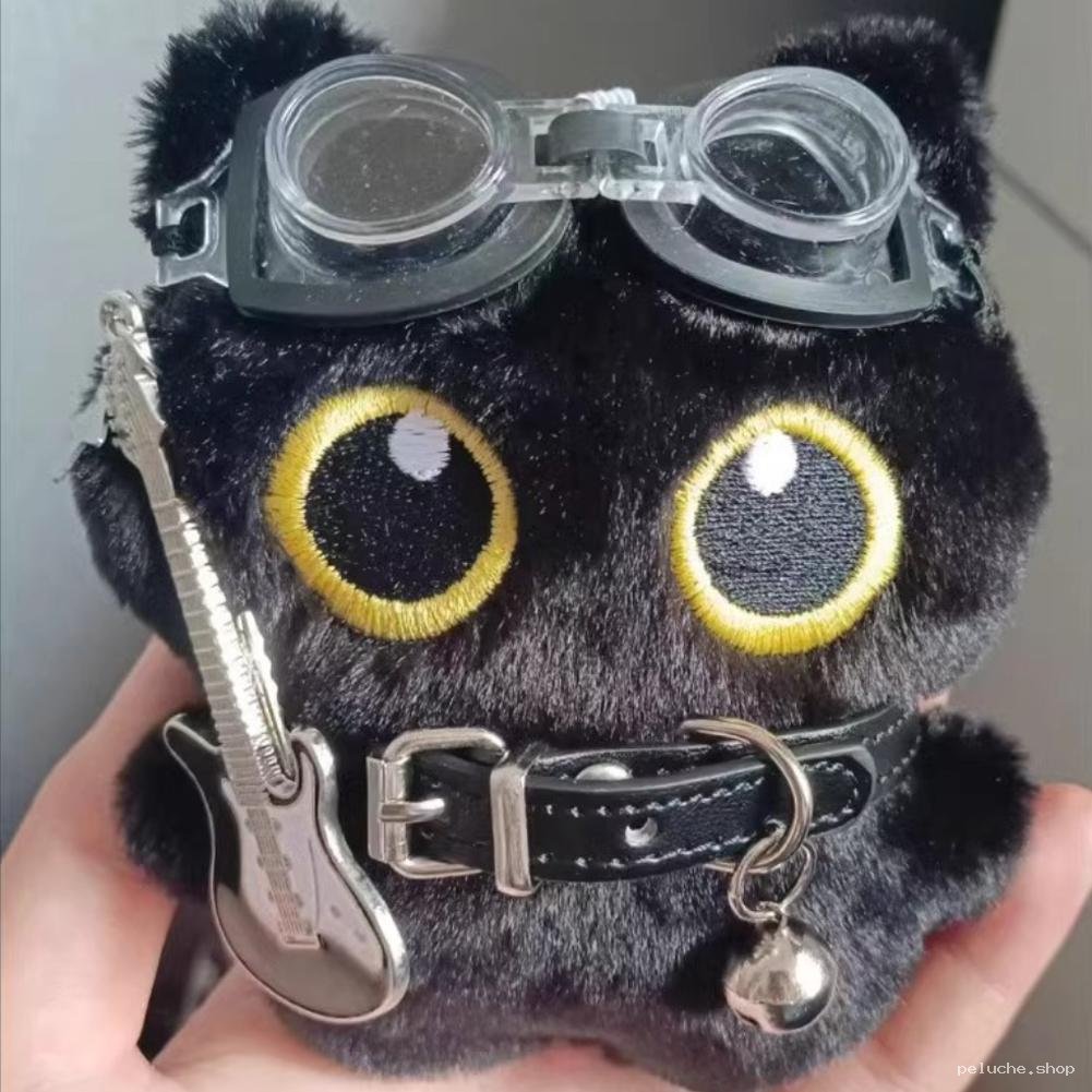 Peluche Chat Noir Rocker avec Lunettes, Guitare et Collier