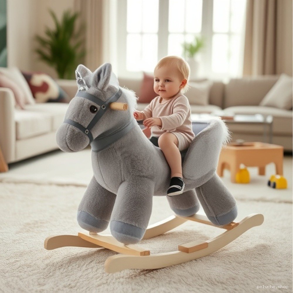 Cheval à bascule en peluche gris pour bébé - Doux et sûr