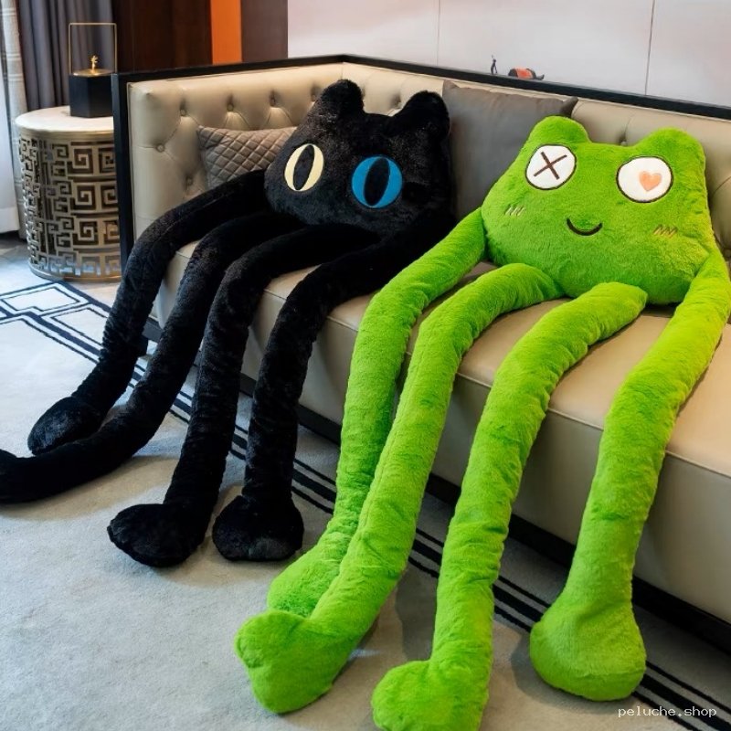 Peluches Chat Noir et Grenouille Vertes à Longues Pattes