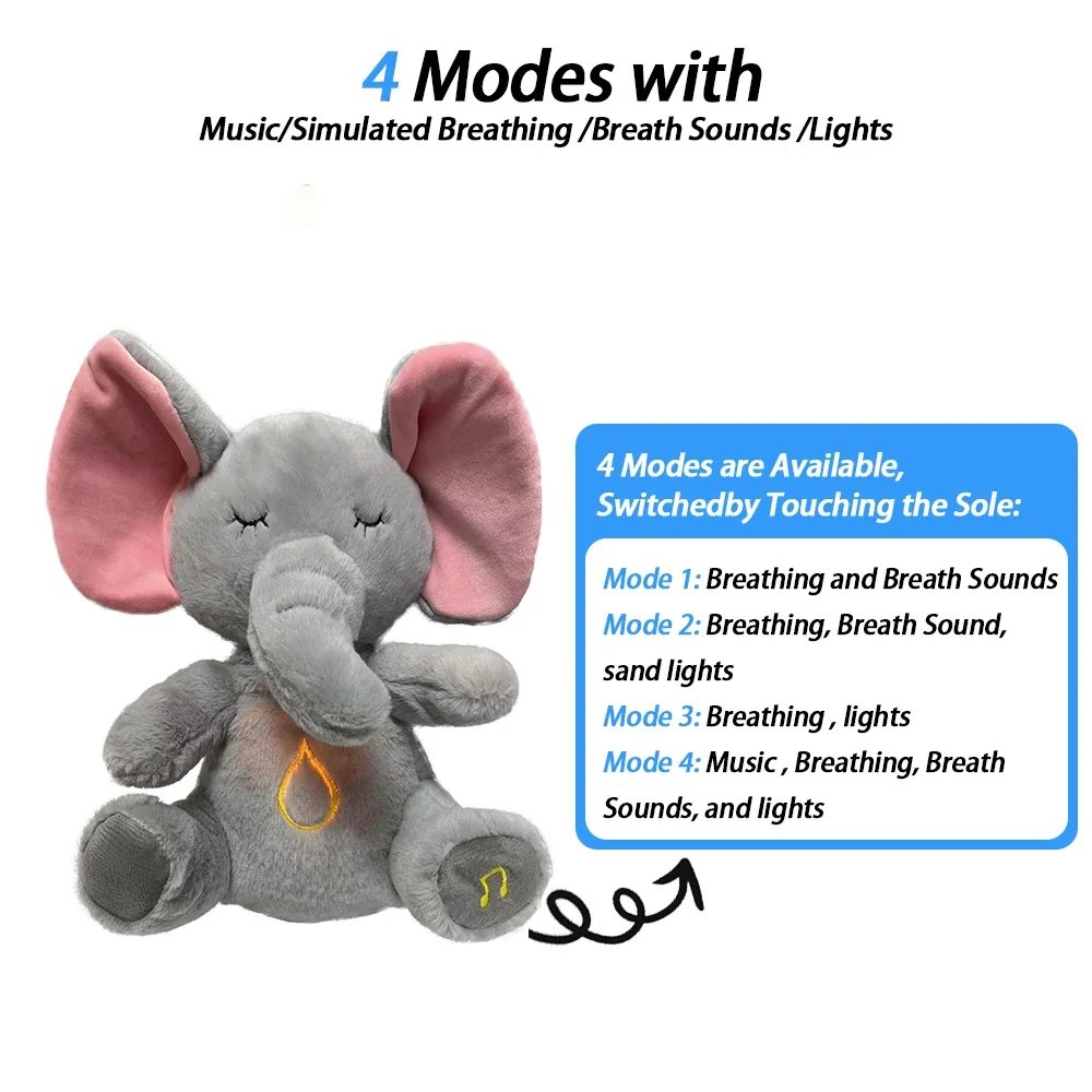 Peluche Éléphant Apaisante - Sons, Lumières, Respiration Sim.