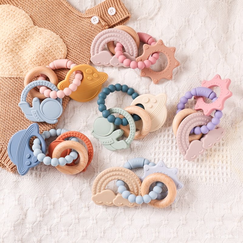 Hochets et Anneaux de Dentition Bébé Silicone Bois Naturel