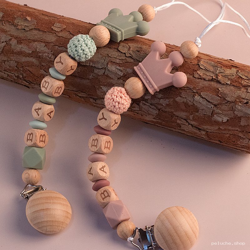 Attache Tétine Bois & Silicone Bébé | Design Couronne Doux