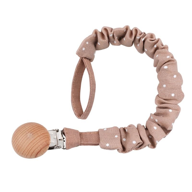 Attache tétine chic en bois et tissu à pois beige pour bébé