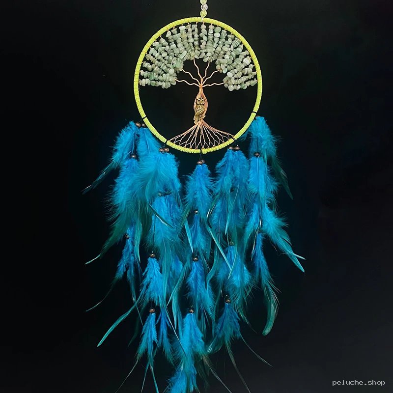 Attrape-rêves Arbre de Vie Hibou & Pierres Vertes - Plumes Bleues