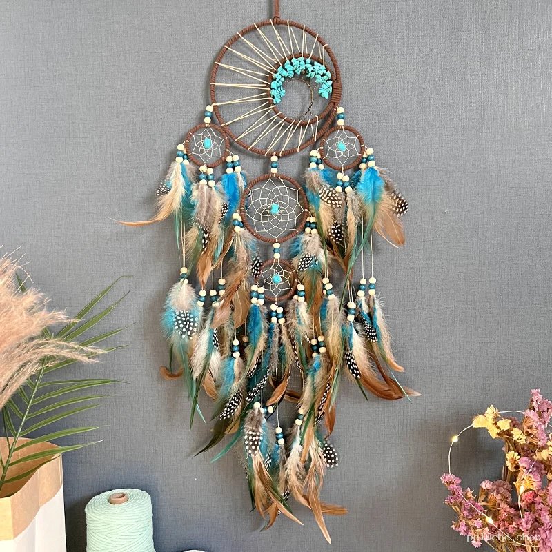 Attrape-Rêves Plumes Turquoise & Perles | Décoration Murale