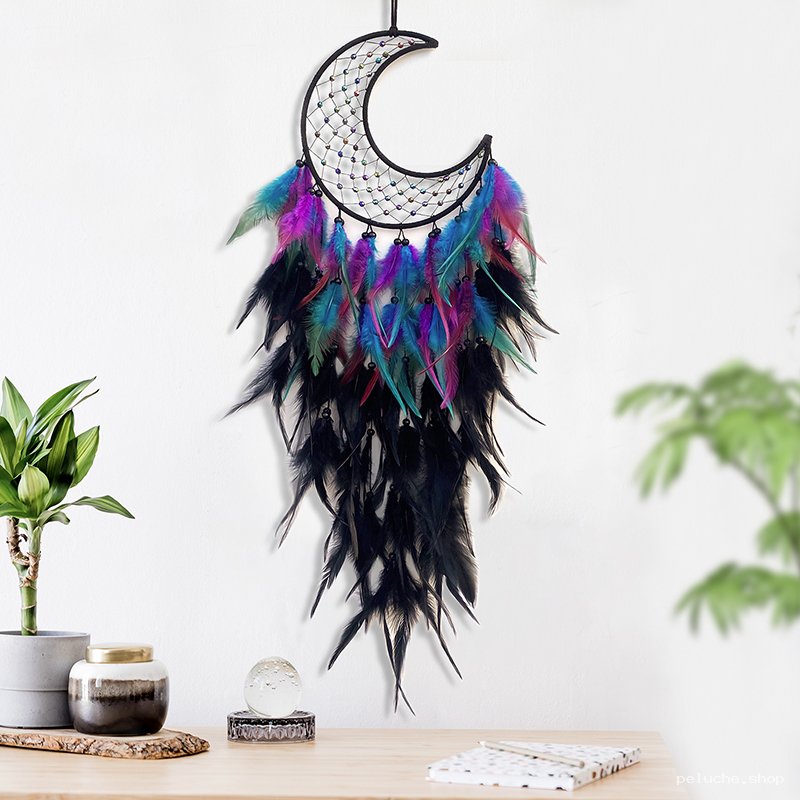 Déco Murale Attrape-Rêves Lune Plumes Vibrantes & Noires