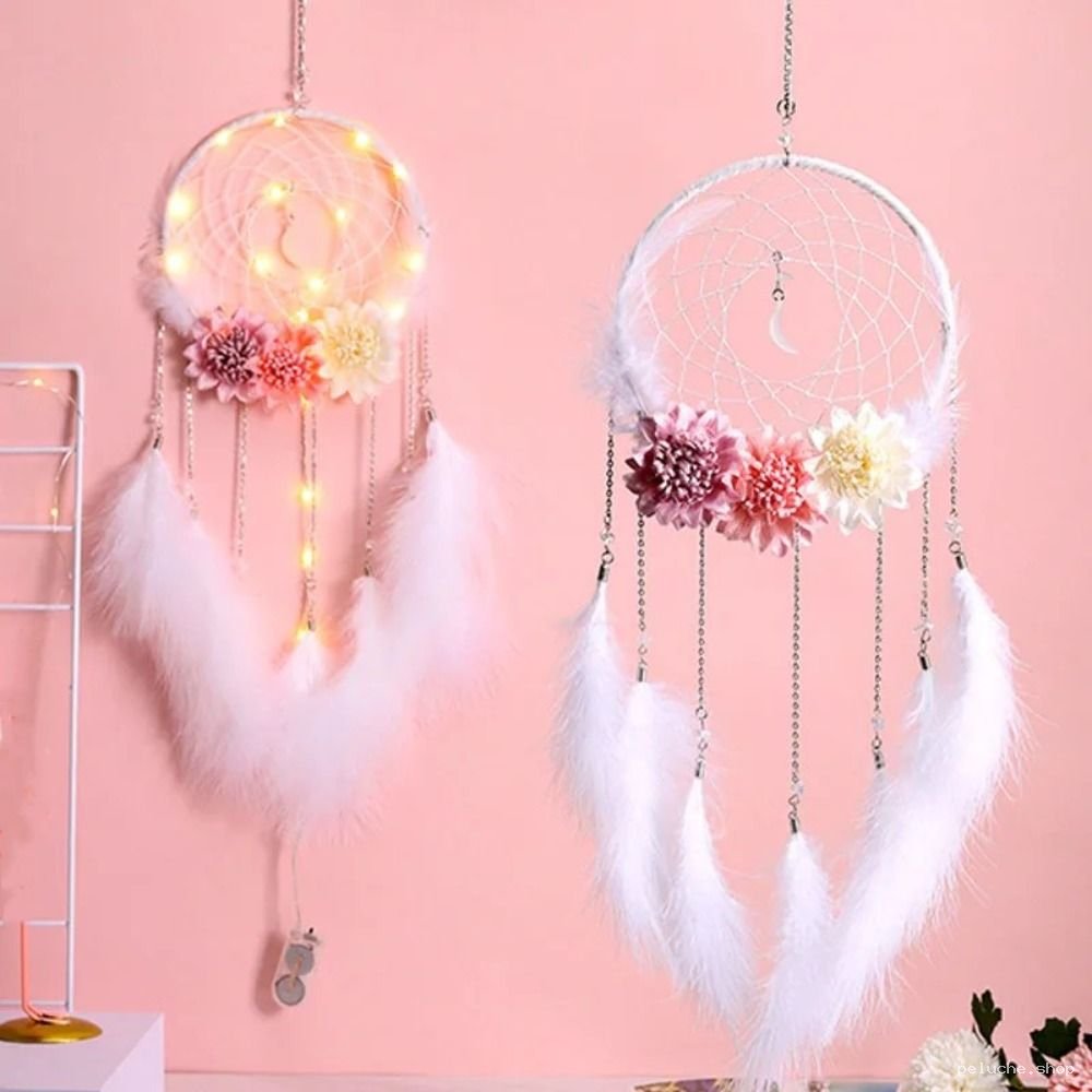 Attrape-rêves Bohème Fleuri – Lumières LED & Plumes Douces