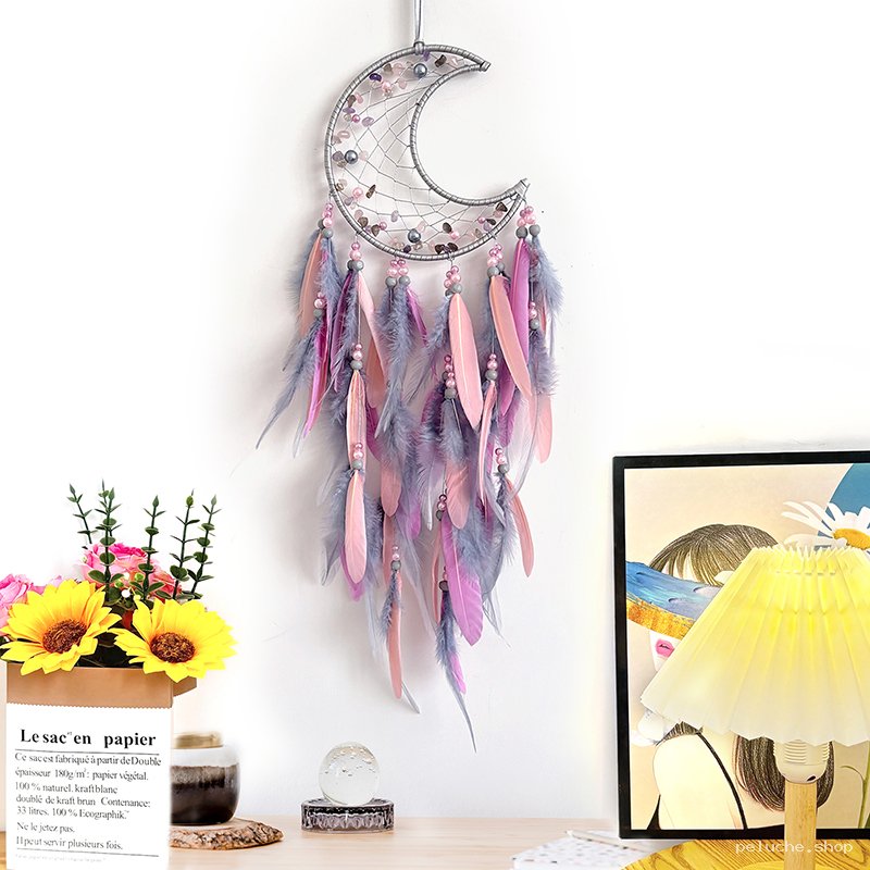 Attrape-rêves Lune Plumes Roses Grises | Décoration Murale