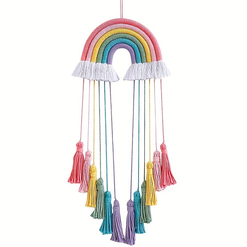 Décoration Murale Macramé Arc-en-Ciel avec Pompons Colorés