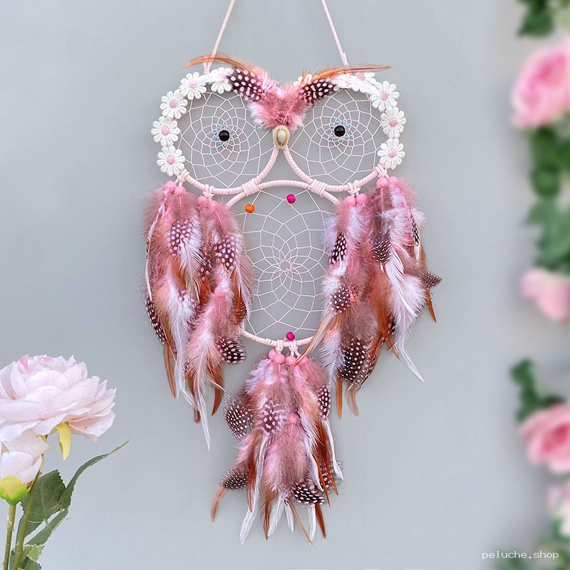 Attrape-Rêves Hibou Rose Floral - Décoration Murale Bohème