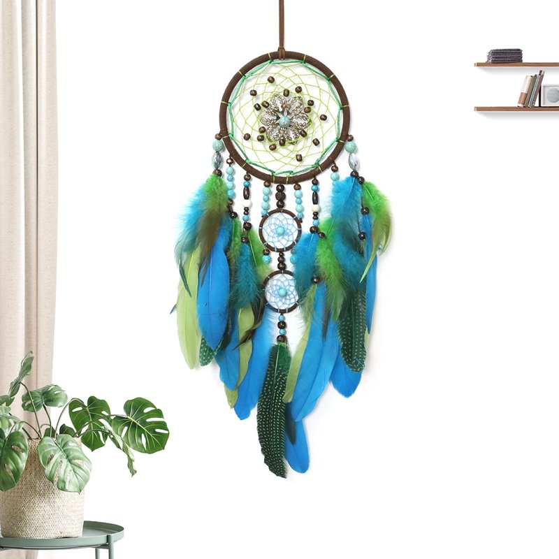 Attrape-rêves bohème plumes bleues et vertes - Décoration