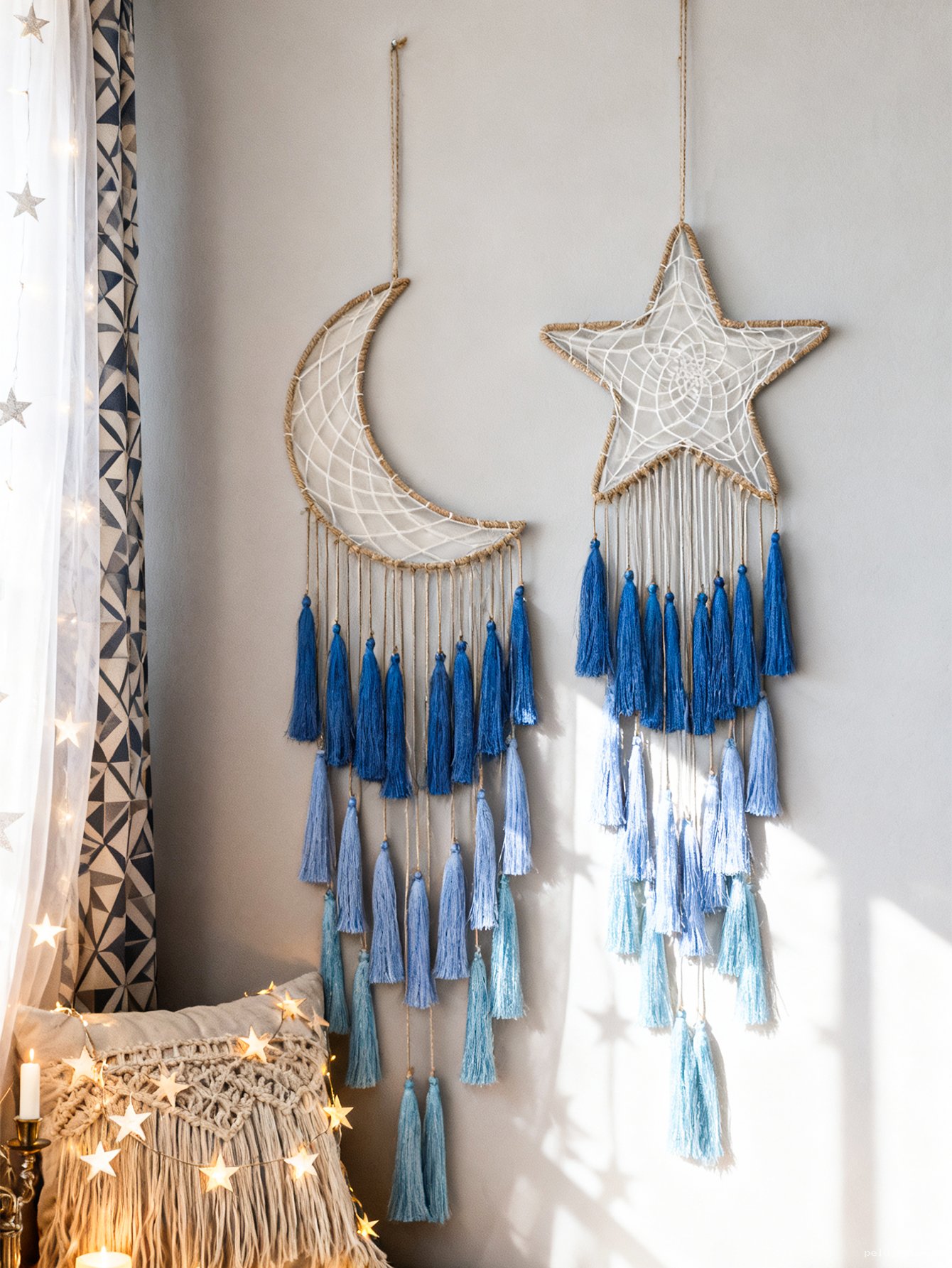 Attrape-rêves Lune & Étoile Bleus | Décoration Murale Bohème