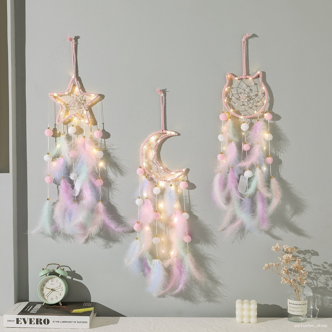 Attrape-rêves lumineux pastel - Étoile, Lune, Chat/Hibou