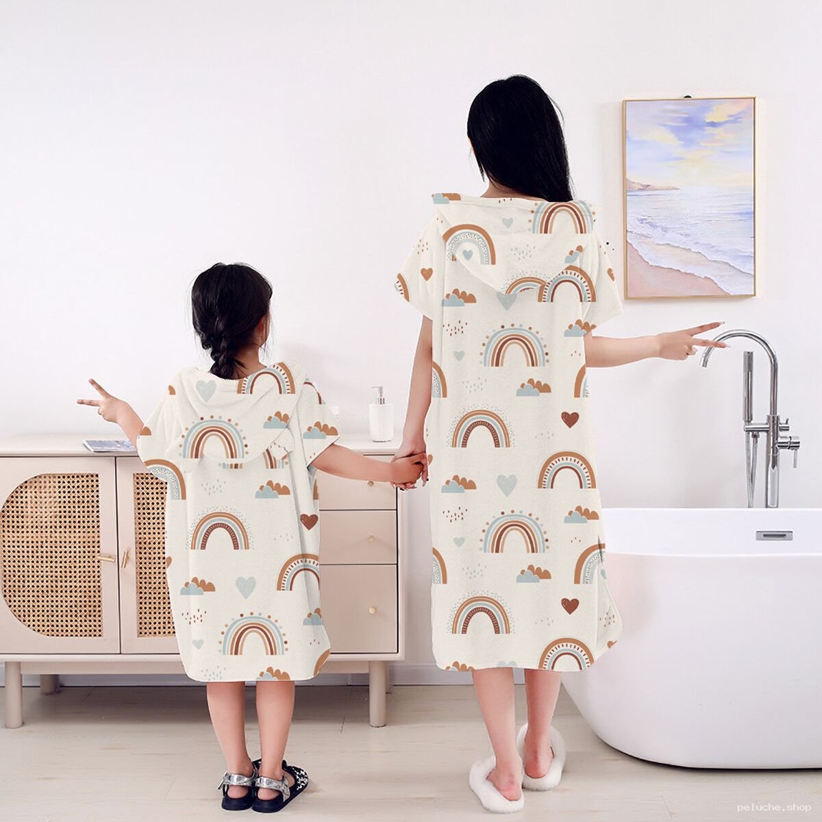 Poncho Serviette Capuche Mère-Enfant Arcs-en-ciel Doux