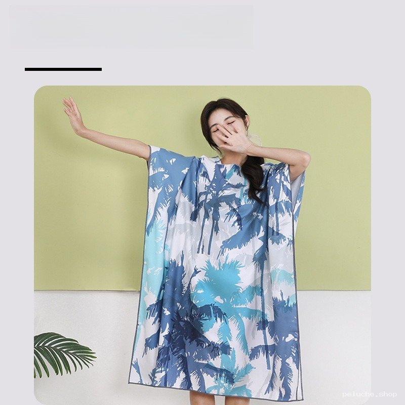 Poncho de Plage Microfibre Palmiers Bleu | Séchage Rapide