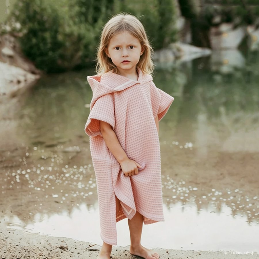 Poncho de bain enfant rose gaufre – Sortie de plage confortable