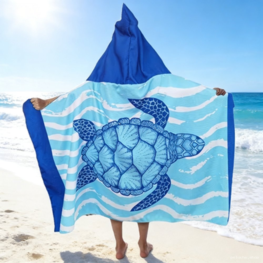Serviette de Plage Capuche Tortue Bleue | Microfibre Enfant