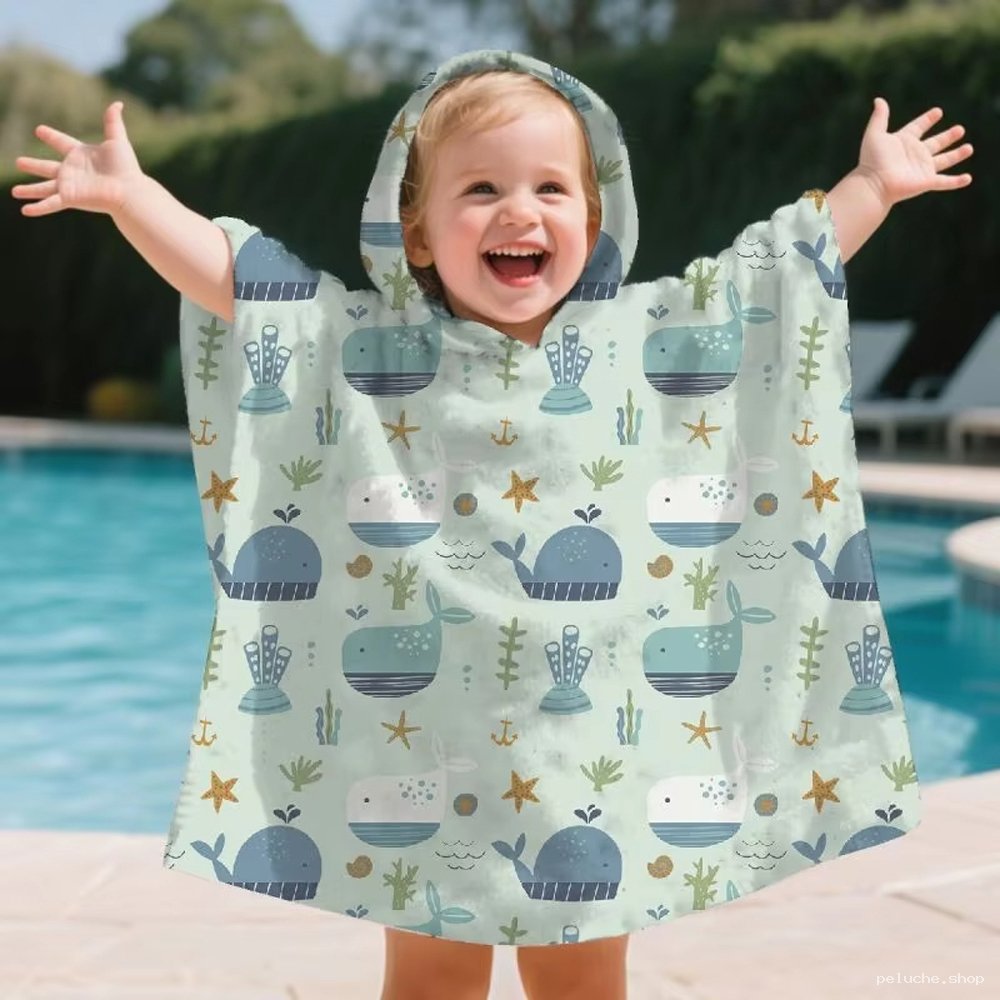 Serviette Poncho Enfant Baleine & Océan | Idéal Piscine/Plage