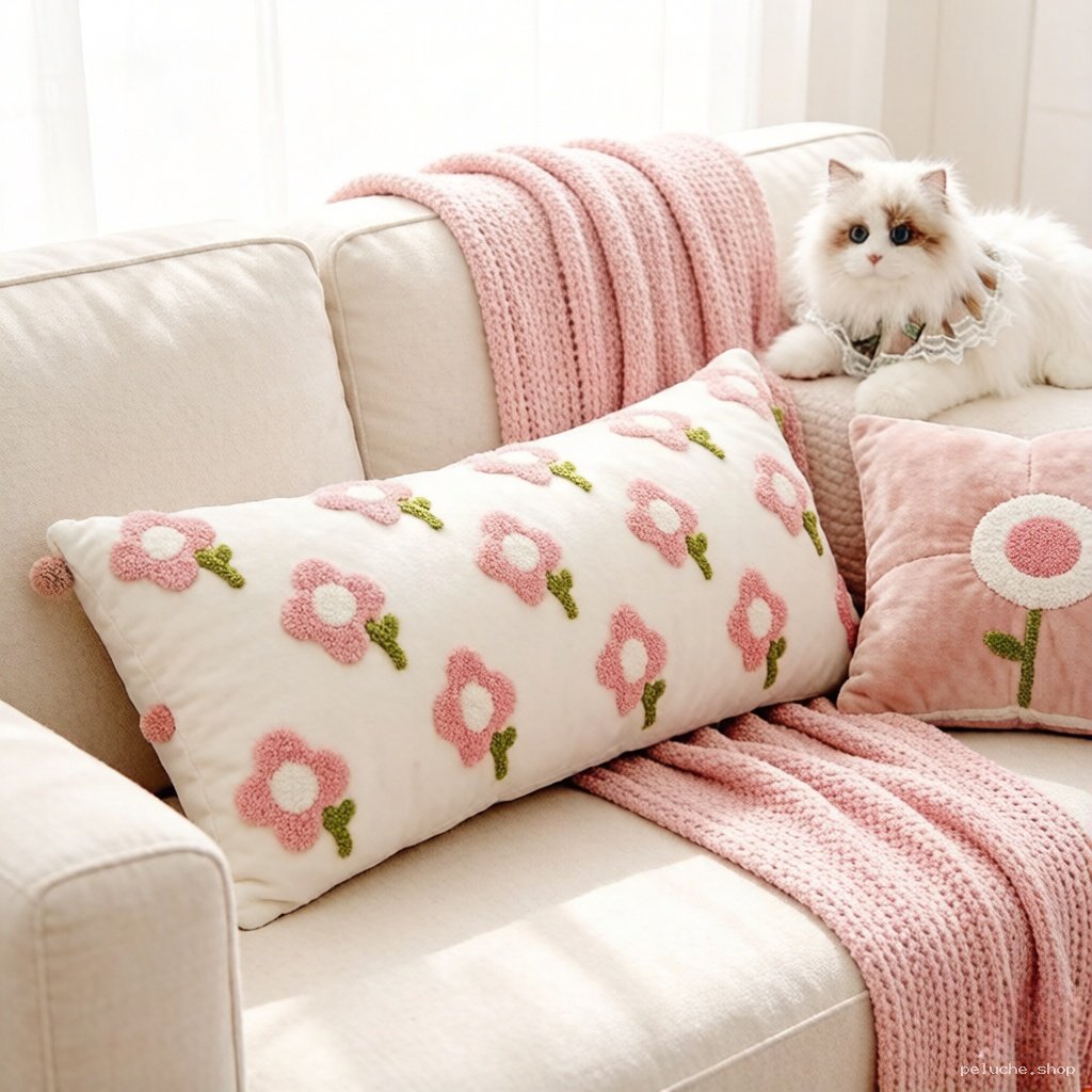 Coussin décoratif brodé fleurs roses - Douceur & Élégance