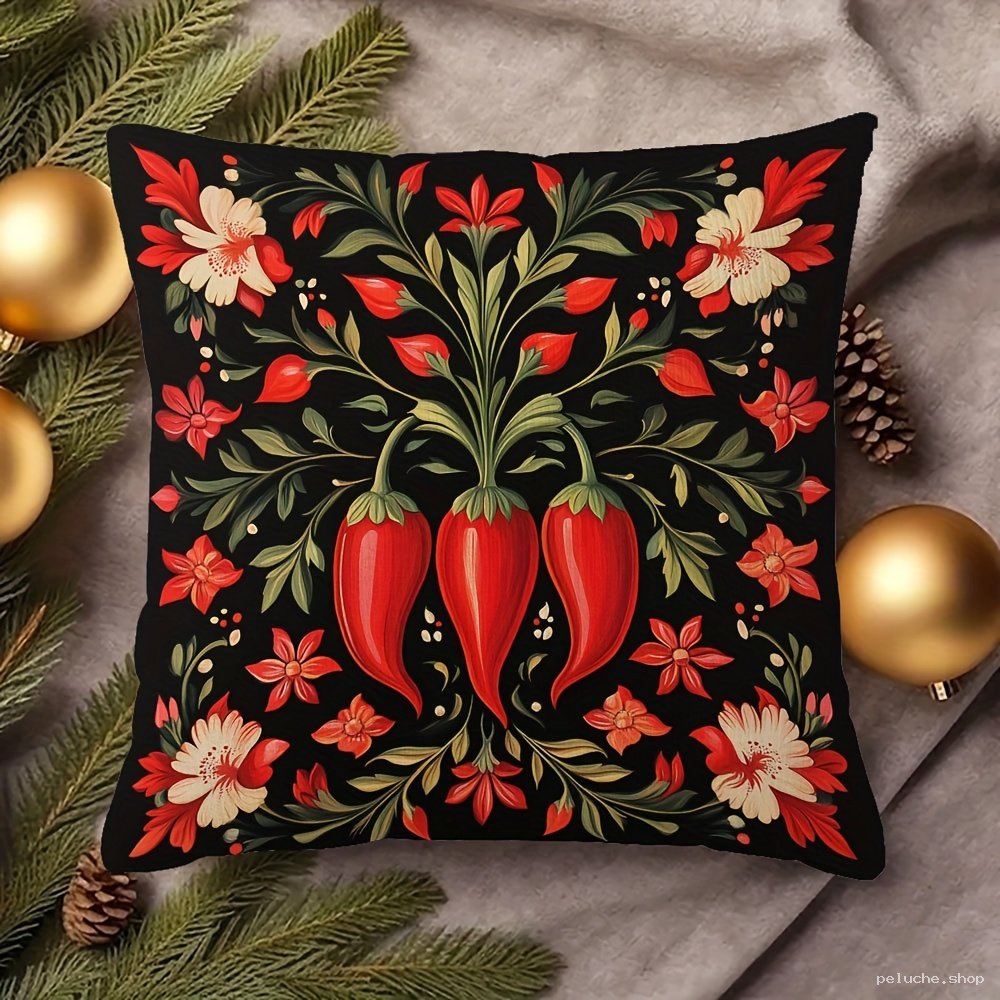 Coussin Décoratif Piment Floral Noir | Touche Vibrante pour Noël