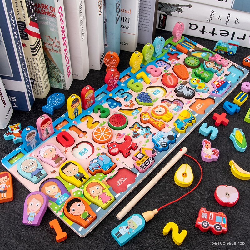 Puzzle éducatif en bois : chiffres, formes & pêche pour enfants