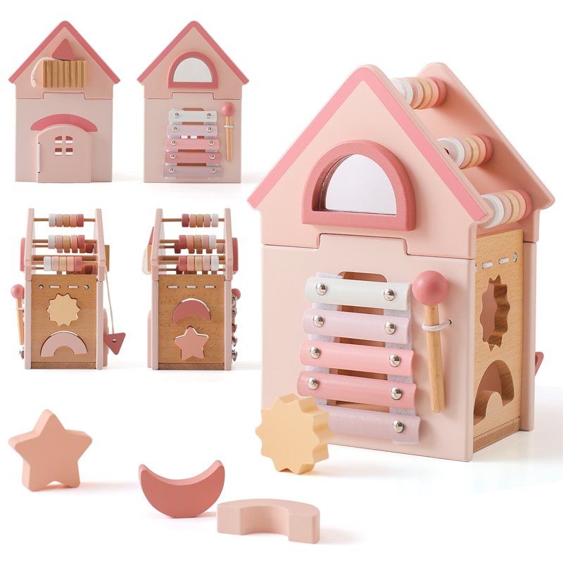 Maison d'Activités en Bois Rose | Jouet Montessori Éducatif