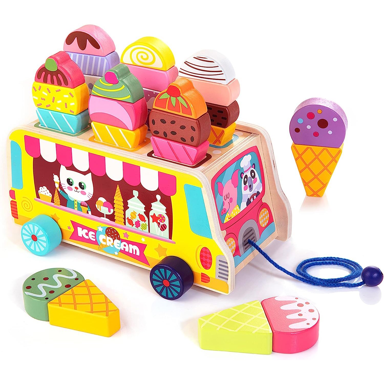 Camion à Glaces en Bois à Traîner | Jouet Éducatif Enfants