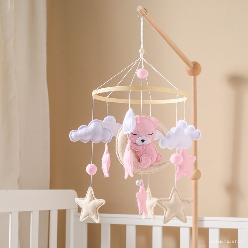 Mobile Musical Bébé Ourson Rose Lune et Étoiles pour Berceau