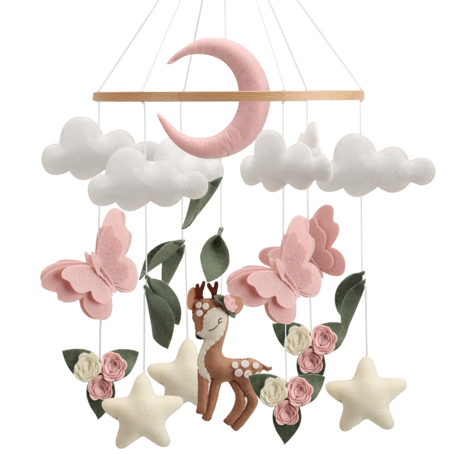 Mobile Bébé Feutrine Forêt Enchantée - Cerf, Lune Rose
