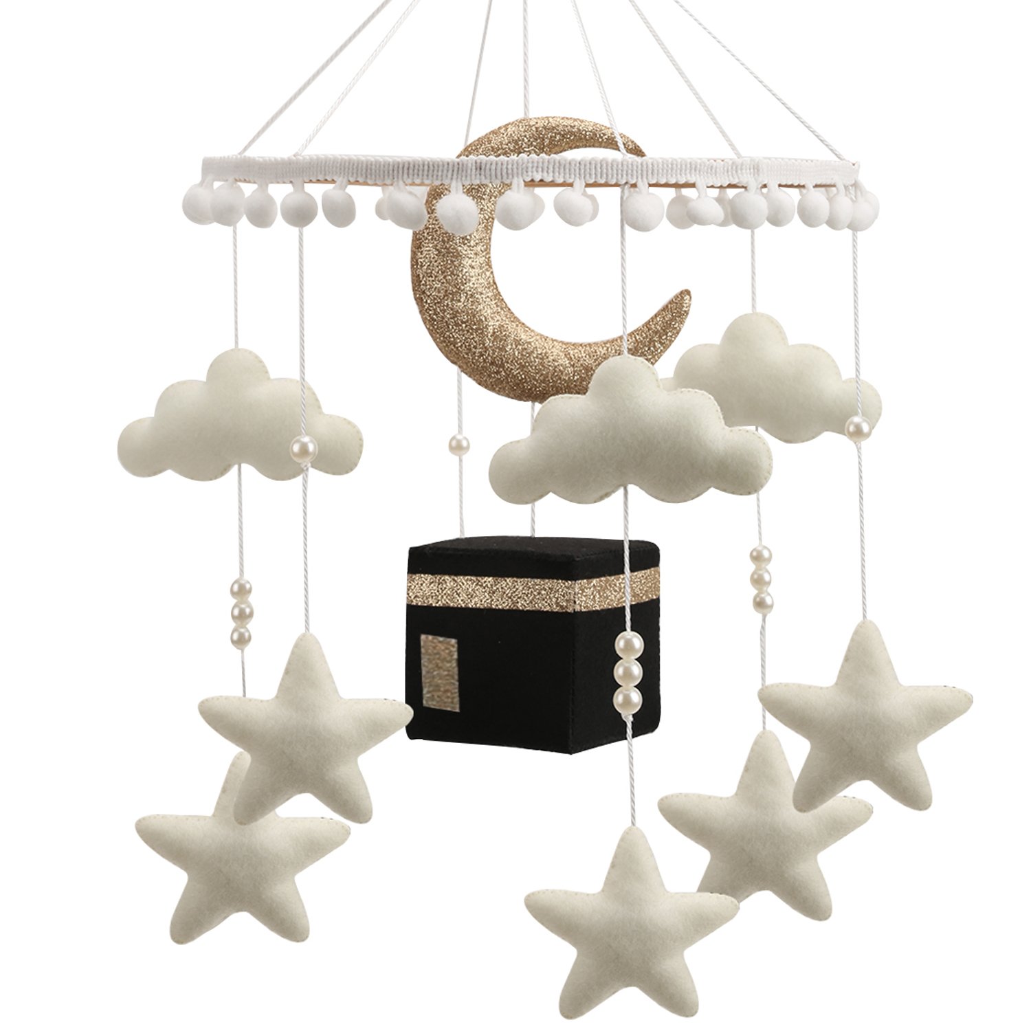 Mobile Islamique Bébé Kaaba, Lune, Étoiles & Nuages Dorés