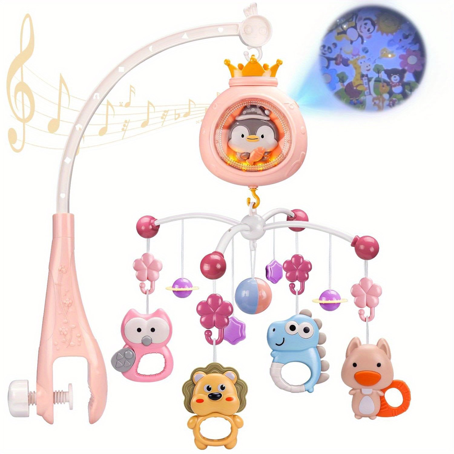 Mobile bébé musical et lumineux projecteur animaux rose