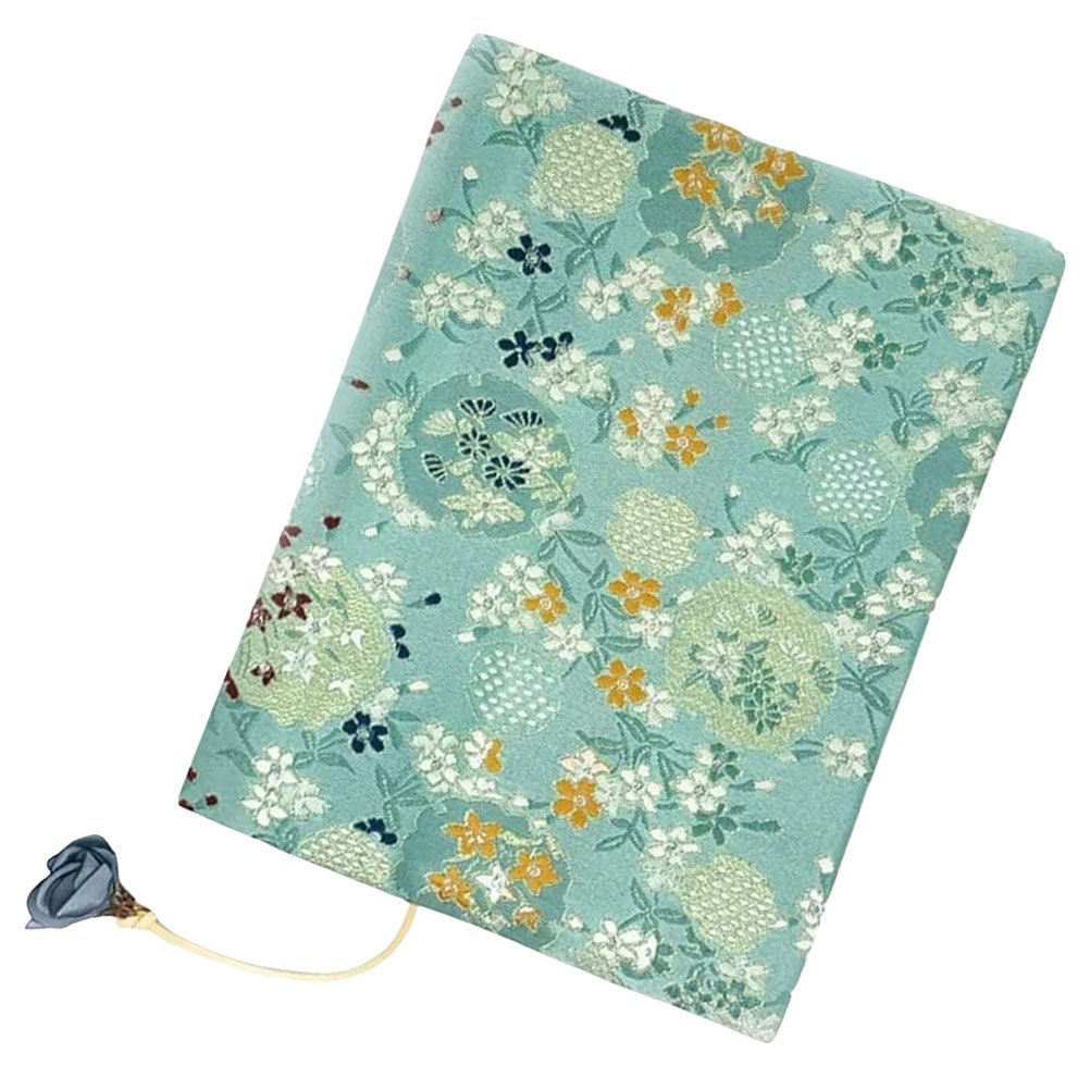 Housse de Livre Japonaise Fleurie Turquoise avec Marque-Page