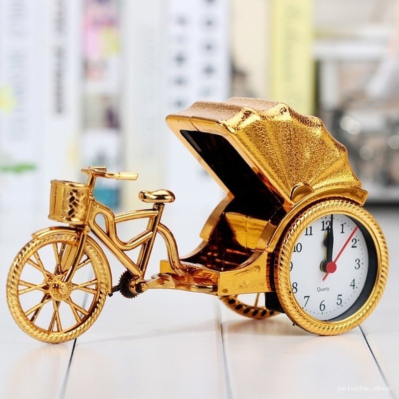 Horloge Réveil Vélo Tricycle Pousse-Pousse Doré Vintage