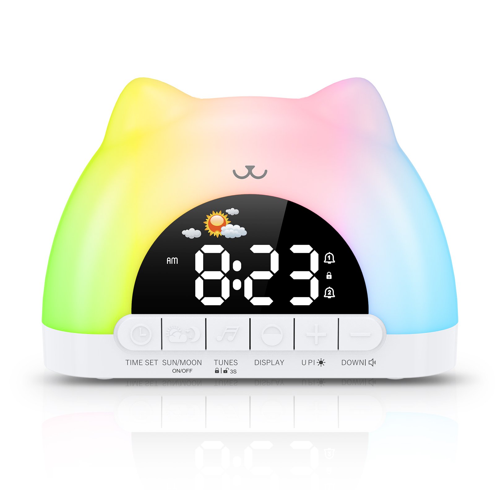 Réveil Enfant Chat Lumineux Arc-en-ciel - Horloge Veilleuse