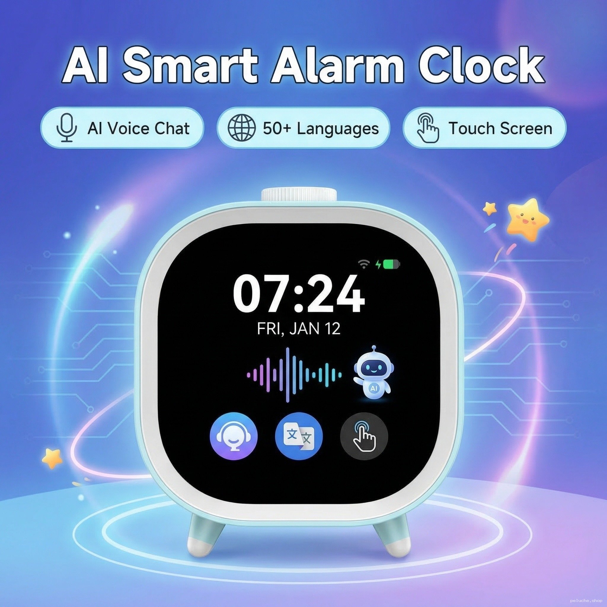 Réveil Intelligent IA Vocal & Tactile - 50+ Langues