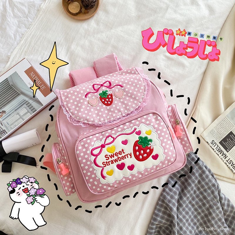 Sac à dos rose kawaii fraise et pois - Style écolière mignon