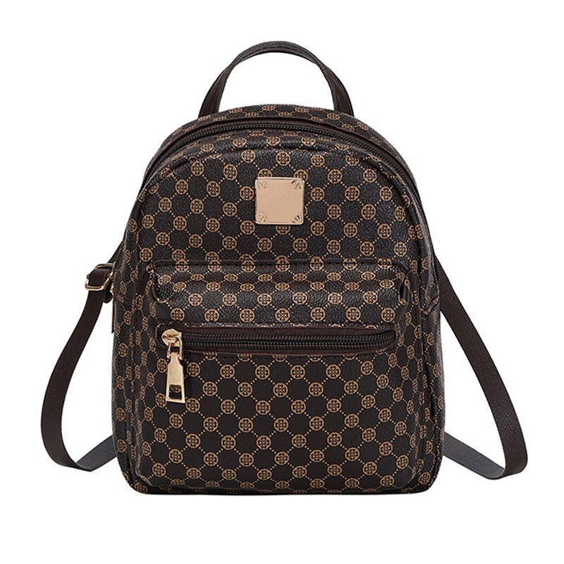 Mini Sac à Dos Femme Motif Monogramme Marron Élégant