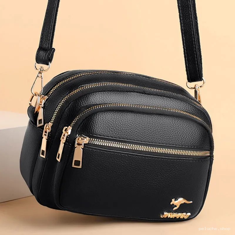 Sac Bandoulière Noir Élégant Multi-Poches Fermeture Éclair Or
