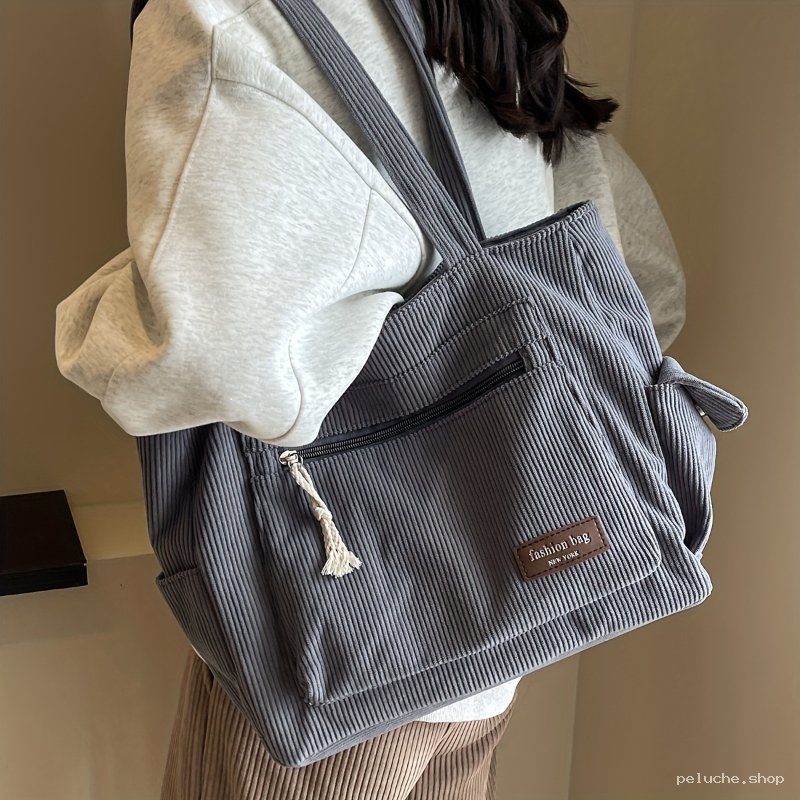 Sac Cabas Femme Velours Côtelé Gris - Tendance & Spacieux