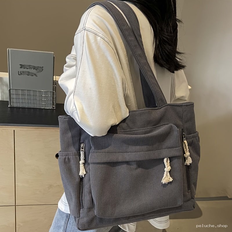 Sac Cabas Velours Côtelé Gris Tendance | Grand Sac Épaule Femme